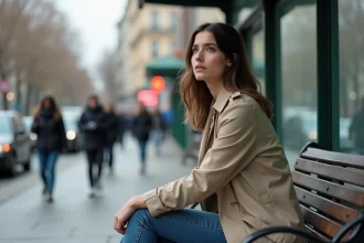 Femme en trench beige assise à un arrêt de bus urbain