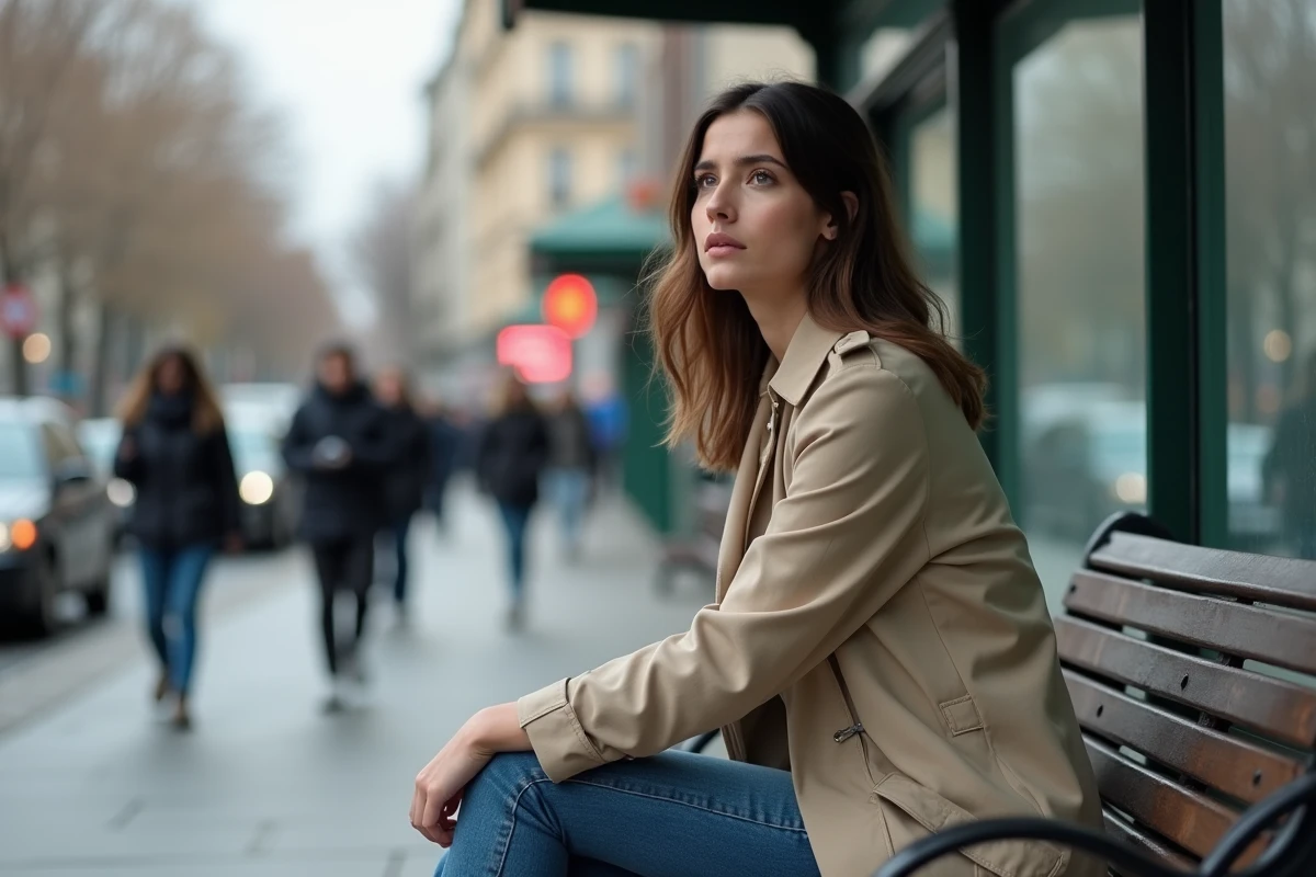 Femme en trench beige assise à un arrêt de bus urbain