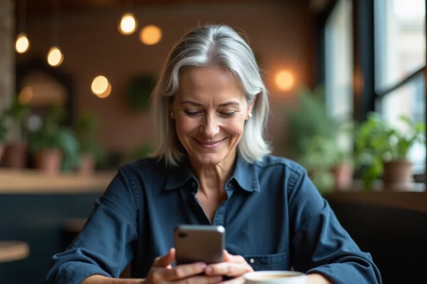 Femme de 55 ans souriante consultant une application de rencontres sur son smartphone dans un café parisien