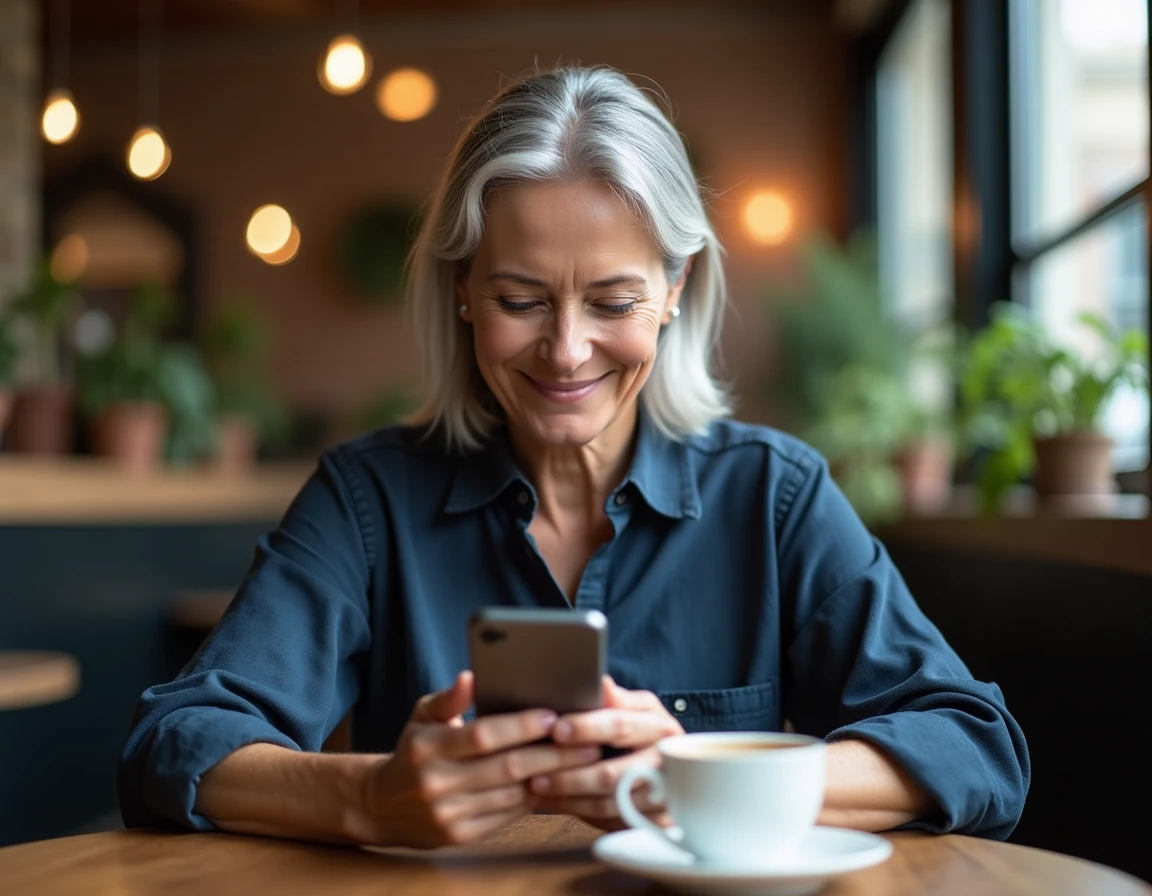 Femme de 55 ans souriante consultant une application de rencontres sur son smartphone dans un café parisien
