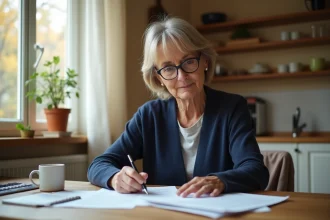 Femme d'âge mûr consultant des documents administratifs sur sa pension d'invalidité à domicile