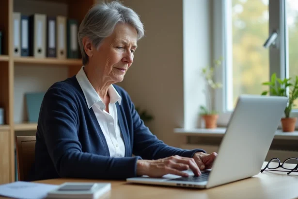 Femme de 57 ans consultant son espace personnel Carsat sur un ordinateur portable dans un bureau à domicile