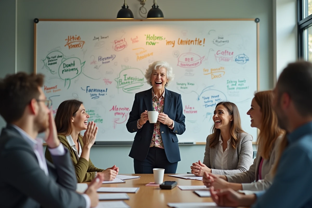 Femme en blazer faisant un discours devant collègues souriants