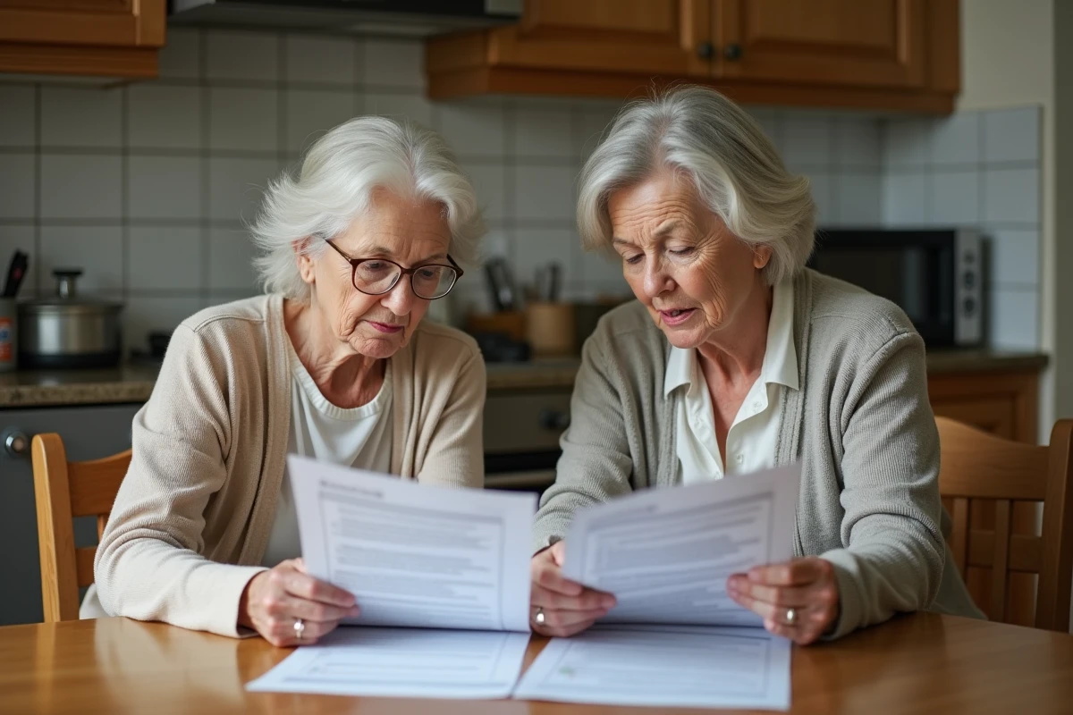 Femme âgée et sa fille examinant des documents financiers