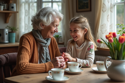 Femme âgée française avec sa petite fille à la cuisine