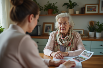 Femme âgée avec sa fille discutant de maisons de retraite