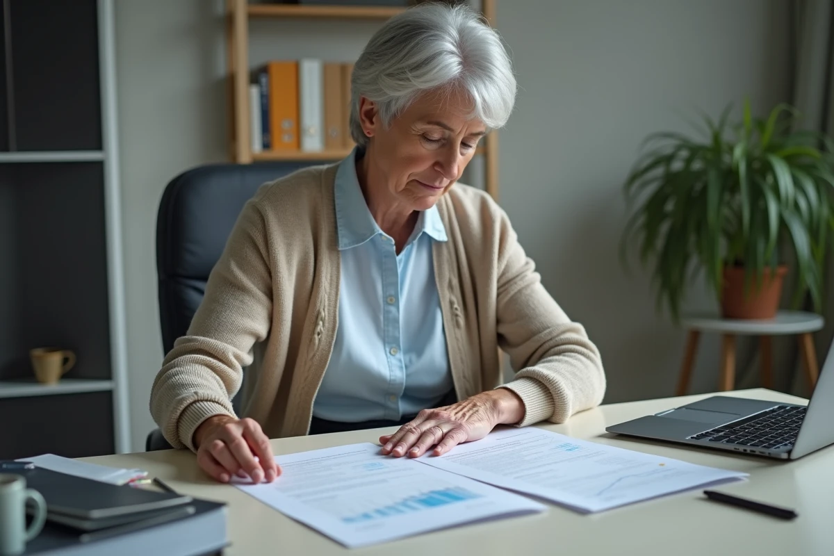 Femme gendarme à la retraite comparant des documents de pension sur un bureau administratif à domicile