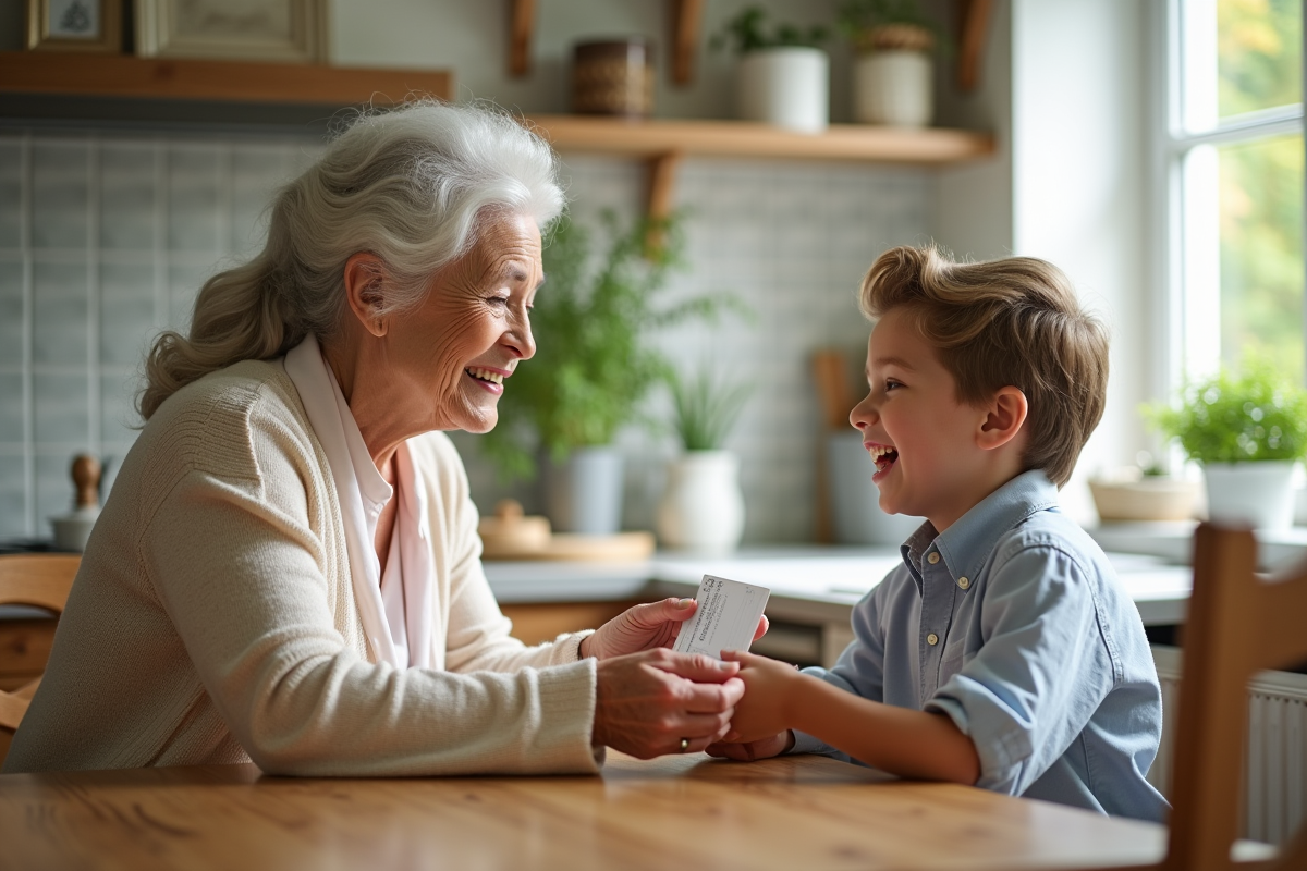 Femme agee offrant un chèque a son petit-fils dans la cuisine lumineuse