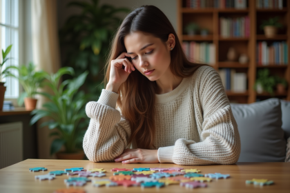 Jeune femme en sweater travaillant sur un puzzle coloré