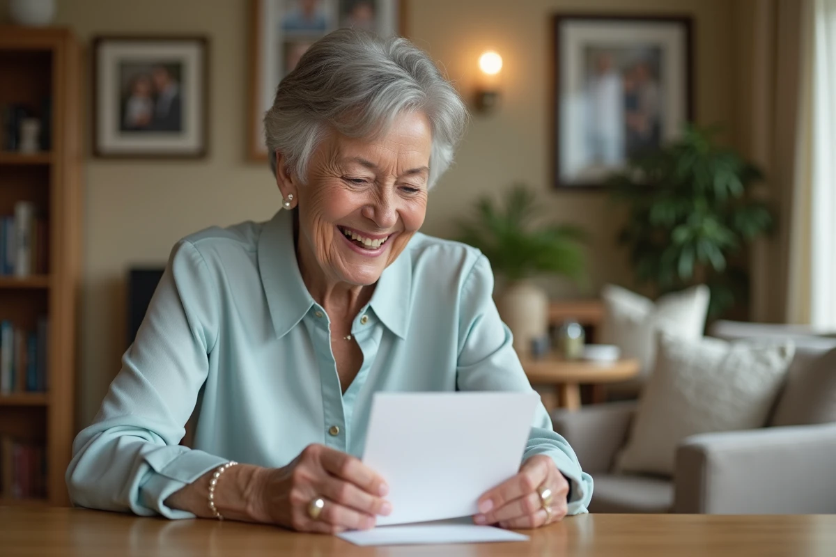Femme de 70 ans souriante ouvrant une carte d anniversaire