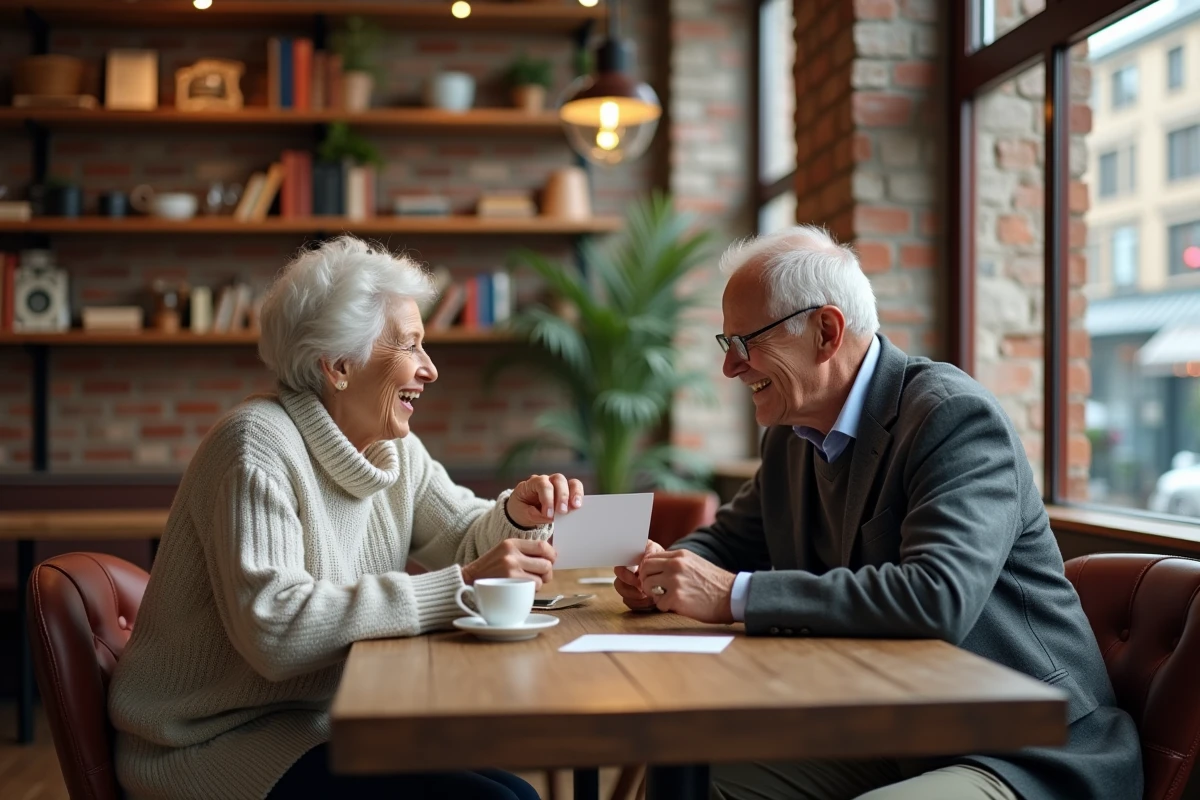 Une femme et un homme rient en échangeant des cartes dans un café