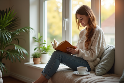 Jeune femme lisant près de la fenêtre dans un intérieur moderne
