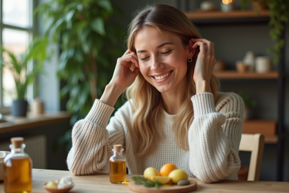 Femme souriante massant ses cheveux avec une huile naturelle