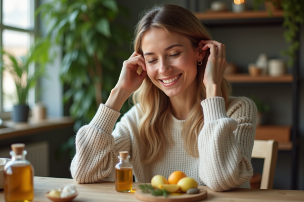 Femme souriante massant ses cheveux avec une huile naturelle