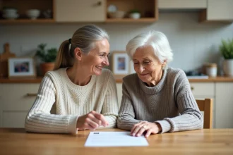 Femme et mère discutant à la cuisine chaleureuse