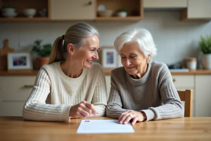 Femme et mère discutant à la cuisine chaleureuse