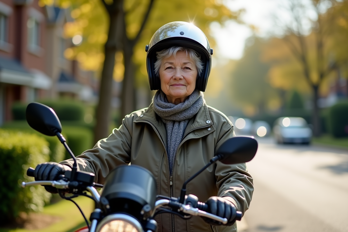 Femme retraitée à moto dans une rue de banlieue