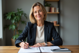 Femme d'âge moyen en blazer examinant des papiers