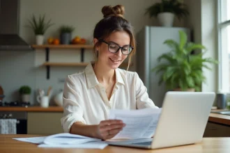 Femme en blouse examinant des papiers dans une cuisine lumineuse