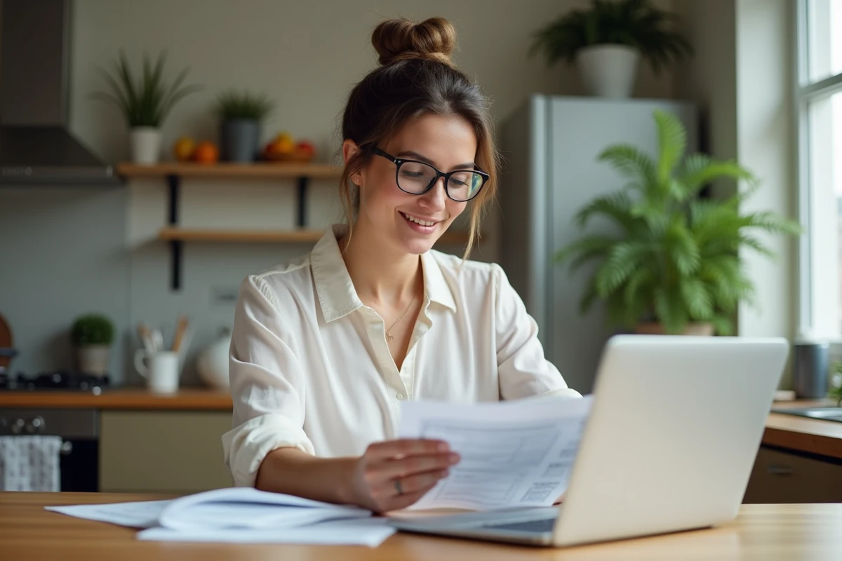 Femme en blouse examinant des papiers dans une cuisine lumineuse