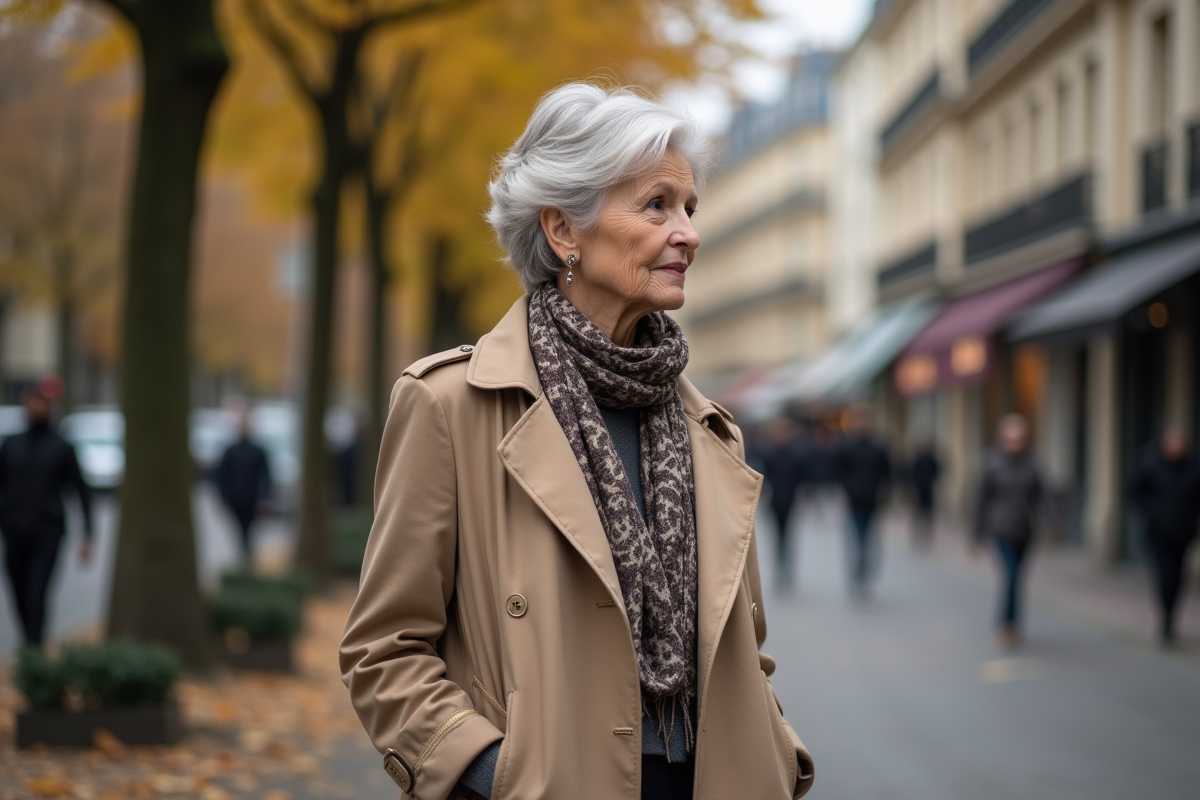 Femme parisienne de 75 ans en trench beige dans la rue