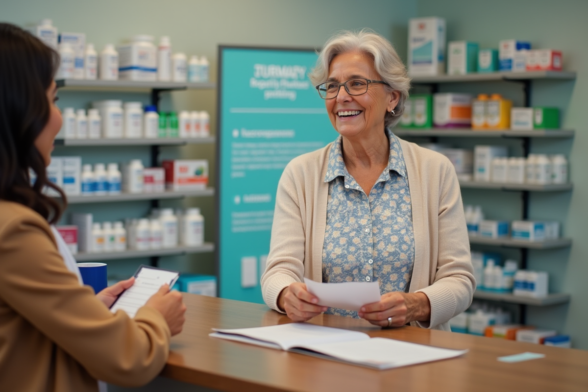 Femme souriante à la pharmacie avec pharmacien