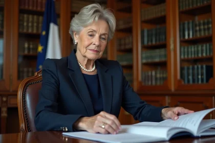 Femme politique senior en costume bleu marine consultant des documents officiels dans un bureau gouvernemental français