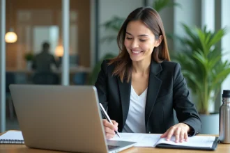 Femme professionnelle souriante dans un bureau moderne