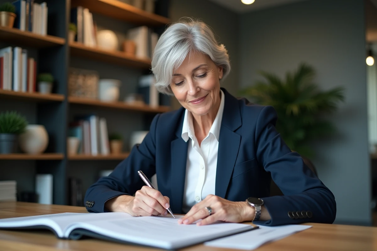 Femme d'âge moyen en bureau professionnel avec portfolio