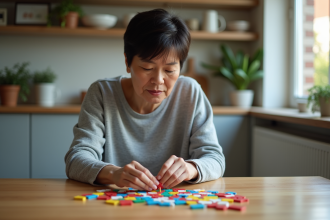 Femme d'âge moyen résolvant un puzzle coloré à la maison