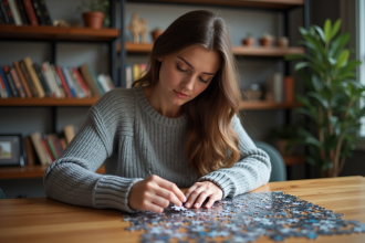 Femme concentrée en train de faire un puzzle dans un intérieur cosy
