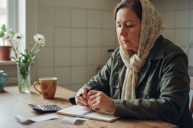 Femme réfléchissant à ses dépenses dans une cuisine chaleureuse