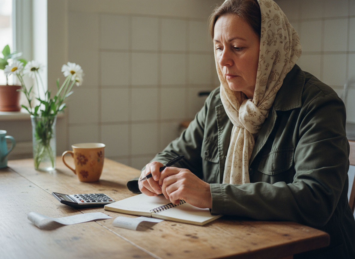 Femme réfléchissant à ses dépenses dans une cuisine chaleureuse