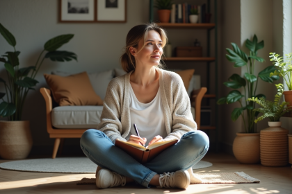 Femme assise en intérieur dans un salon cosy en pleine réflexion