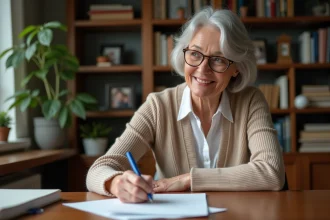 Femme souriante écrivant une lettre de retraite à la main