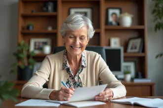 Femme souriante écrivant un message de retraite dans un bureau