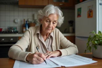 Femme retraitée examine une déclaration de pension à la maison