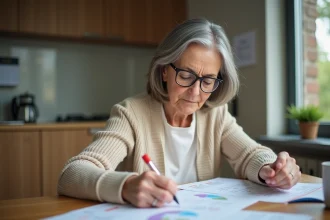 Femme retraitée examine documents de pension à la maison