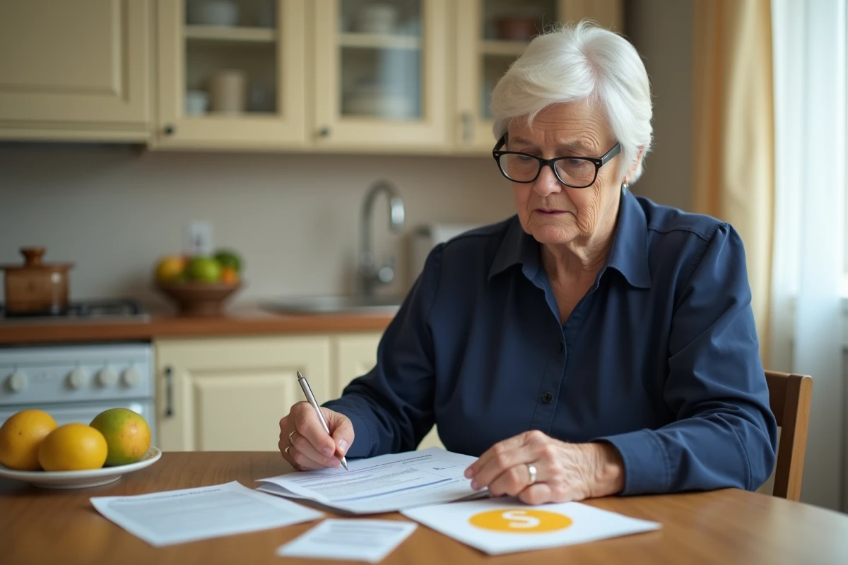 Femme senior examiant son contrat d'assurance auto avec le macaron S posé sur la table de cuisine