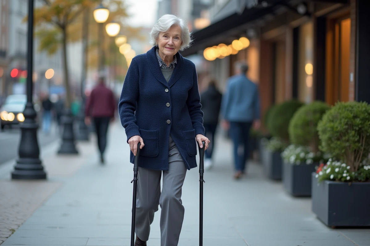 Femme senior marchant en ville avec une canne pliable ergonomique, autonomie et praticité pour les sorties
