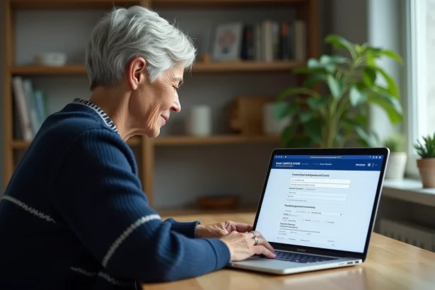 Femme senior se connectant à son espace Agirc Arrco via France Connect sur un ordinateur portable