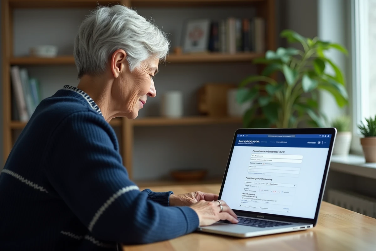 Femme senior se connectant à son espace Agirc Arrco via France Connect sur un ordinateur portable