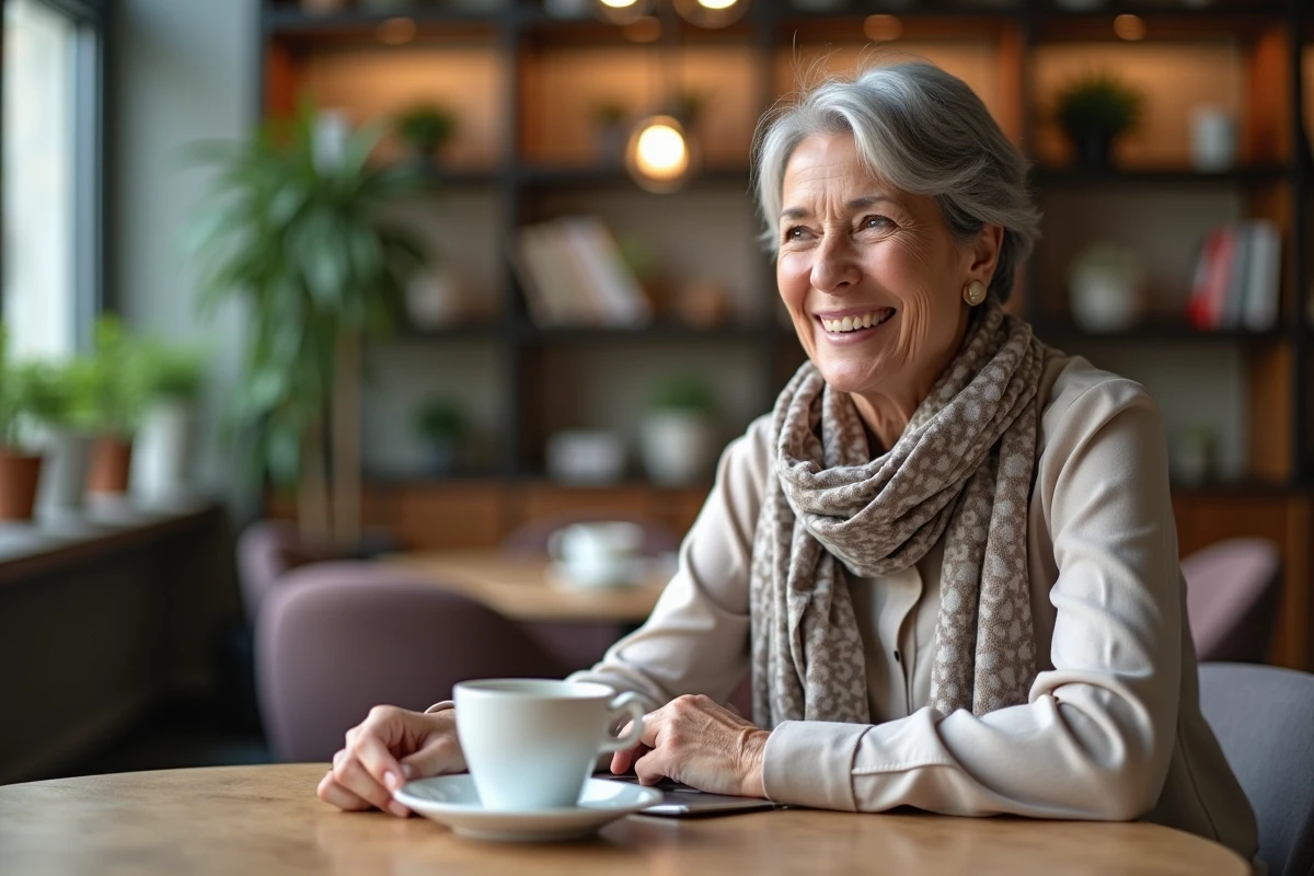 Femme souriante discutant avec une collègue au lounge