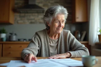 Femme senior examinant des documents dans la cuisine