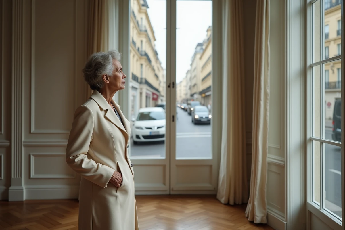 Femme élégante senior en manteau crème regardant par une fenêtre dans un intérieur parisien classique style Haussmann