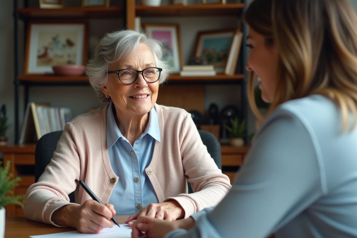 Femme senior souriante lisant un document dans un bureau chaleureux