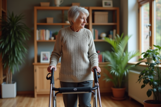 Femme senior avec rollator dans son salon chaleureux