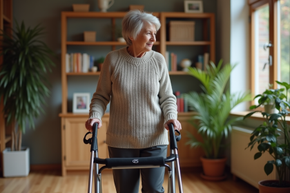 Femme senior avec rollator dans son salon chaleureux