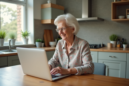 Femme senior travaillant sur son ordinateur dans la cuisine