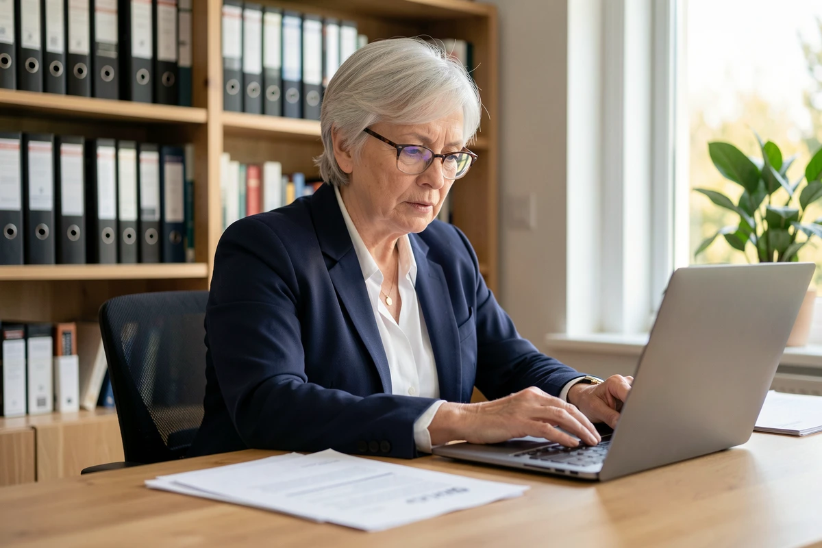 Femme de 62 ans en reconversion professionnelle travaillant sur son projet d'emploi à son bureau à domicile